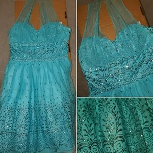 Teal halter cocktail dress